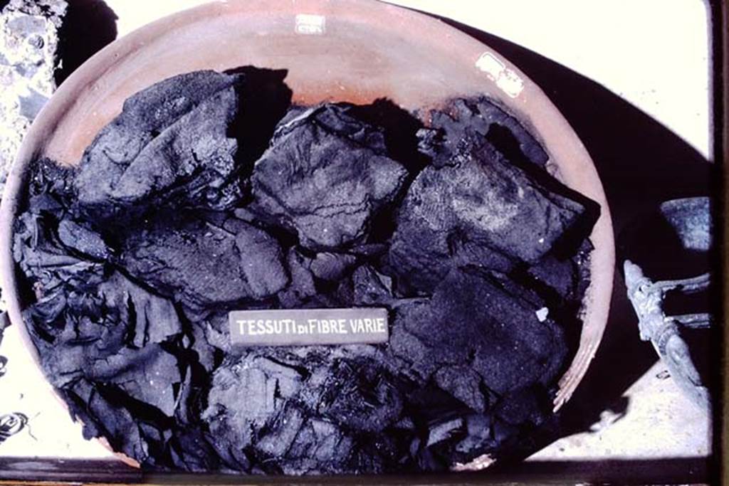 IV.19 Herculaneum. 1972. Various fibres of cloths (not necessarily the ones found in this house).
Photo taken in Naples Archaeological Museum. Photo by Stanley A. Jashemski.
Source: The Wilhelmina and Stanley A. Jashemski archive in the University of Maryland Library, Special Collections (See collection page) and made available under the Creative Commons Attribution-Non Commercial License v.4. See Licence and use details. J72f0521